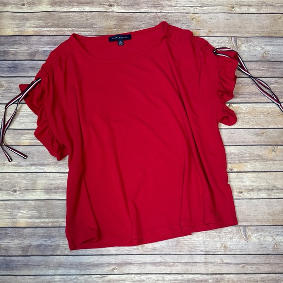 Tommy Hilfiger Ruched shoulder Ruffle sleeve top in Red XL - Picture 1 of 5